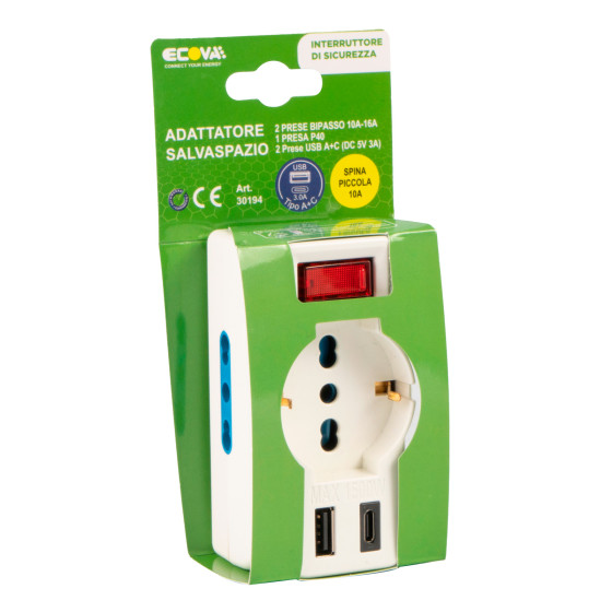 Ecova Multipresa Adattatore 1 Presa Schuko 10/16A 2P+T 2 Prese 10/16A 2P+T Porta USB A e Type-C con Ecova Multipresa Adattatore 1 Presa Schuko 10/16A 2P+T 2 Prese 10/16A 2P+T Porta USB A e Type-C con