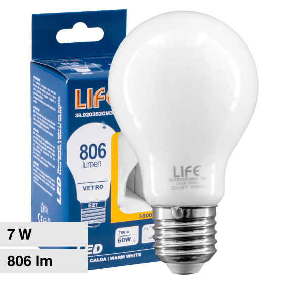 Life Lampadina LED E27 7W Bulb A60 Goccia Filament Vetro Milky Life Lampadina LED E27 7W Bulb A60 Goccia Filament Vetro Milky