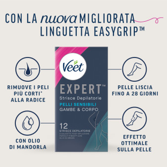 Strisce Depilatorie Gambe & Corpo per Pelli Sensibili Veet Expert 12pz