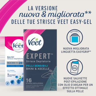 Strisce Depilatorie Bikini & Ascelle per Pelli Sensibili Veet Expert 16pz