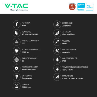 V-Tac Pro VT-44030 Faro LED 30W SMD IP65 nero
