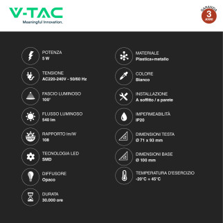 VT-806 Lampada LED da Parete 5W SMD Orientabile Bianca V-Tac