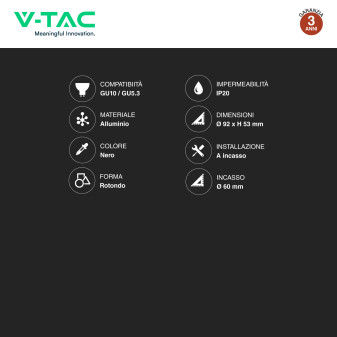 Portafaretto Rotondo Nero per GU10 GU5.3 VT-980 V-Tac