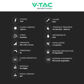 VT-8618S Plafoniera LED Quadrata 18W SMD IP44 Colore Nero V-Tac