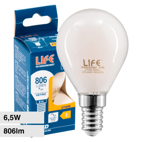 Life Lampadina LED E14 6,5W Minisfera P45 Filament Vetro Milky Life Lampadina LED E14 6,5W Minisfera P45 Filament Vetro Milky