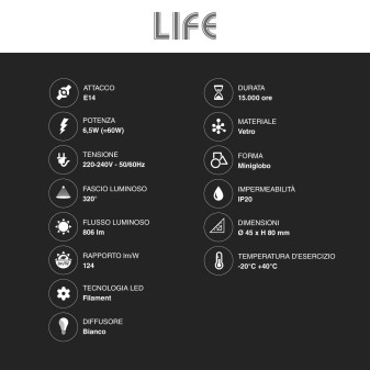 Life Lampadina LED E14 6,5W Minisfera P45 Filament Vetro Milky