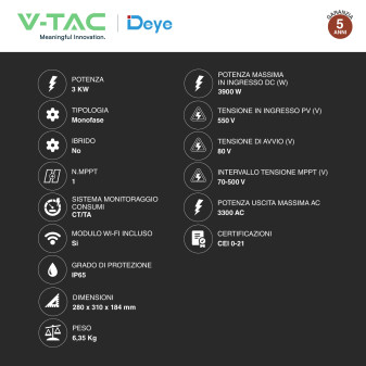 V-Tac Inverter Monofase On-Grid 3kW IP65 CEI 0-21