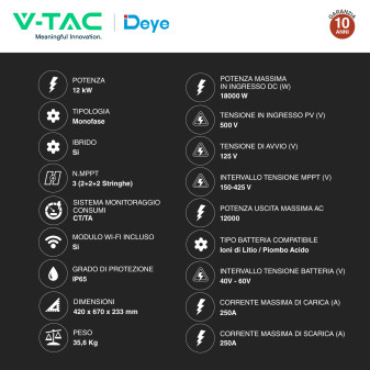 V-Tac Inverter Monofase Ibrido On-Grid / Off-Grid 12kW IP65