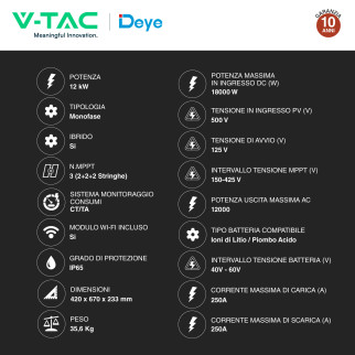 V-Tac Inverter Monofase Ibrido On-Grid / Off-Grid 12kW IP65