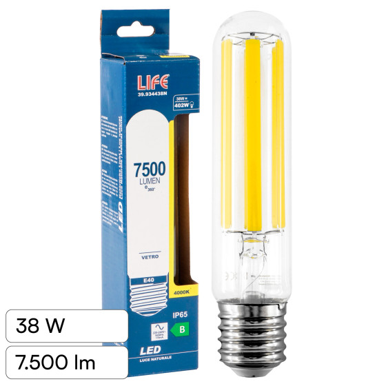 Lampadina LED E40 38W Tubolare T46 Filament IP65 in Vetro Life Lampadina LED E40 38W Tubolare T46 Filament IP65 in Vetro Life