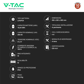 V-Tac Batteria BMS LiFePO4 51,2V 200Ah 10,24kWh per Inverter CEI 0-21
