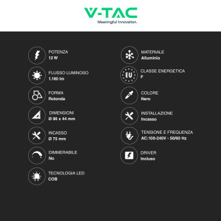 V-Tac Faretto LED COB 12W Incasso Rotondo CCT Nero