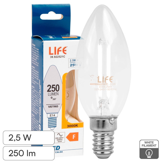 Life Lampadina LED E14 2,5W Candela C35 Filament Bianco Life Lampadina LED E14 2,5W Candela C35 Filament Bianco