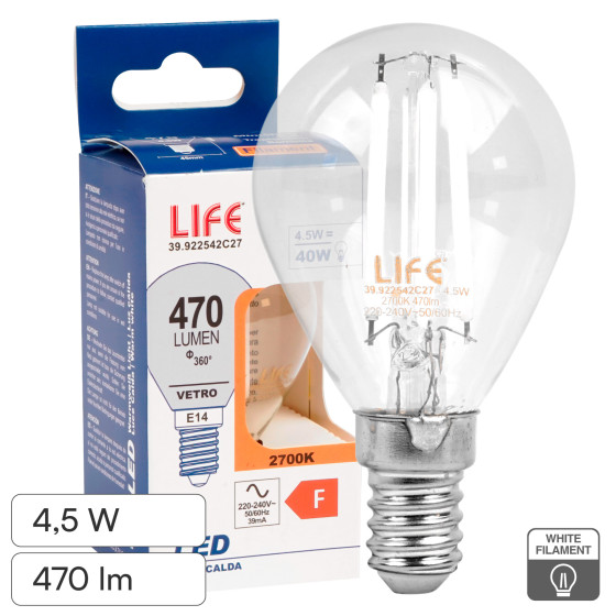 Life Lampadina LED E14 4,5W MiniGlobo P45 Filament Bianco Life Lampadina LED E14 4,5W MiniGlobo P45 Filament Bianco