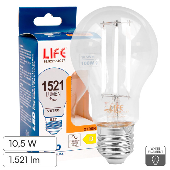 Life Lampadina LED E27 10,5W Goccia A60 Filament Bianco Life Lampadina LED E27 10,5W Goccia A60 Filament Bianco