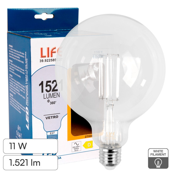 Life Lampadina LED E27 11W Globo G125 Filament Bianco Life Lampadina LED E27 11W Globo G125 Filament Bianco