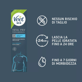 Veet Men Total Pro Crema Depilatoria Petto e Corpo per Pelli Sensibili - Flacone da 200ml