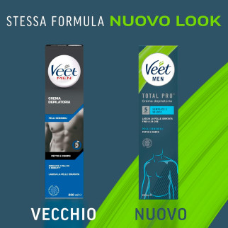 Veet Men Total Pro Crema Depilatoria Petto e Corpo per Pelli Sensibili - Flacone da 200ml