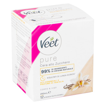Veet Pure Cera allo Zucchero Depilazione Viso e Corpo con Spatola e 12 Strisce Riutilizzabili - Barattolo da 250ml
