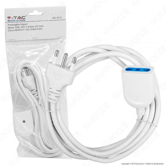 V-Tac Cavo Prolunga Spina e Presa Italiane 3 metri 16A Colore Bianco - SKU 8731 V-Tac Cavo Prolunga Spina e Presa Italiane 3 metri 16A Colore Bianco - SKU 8731