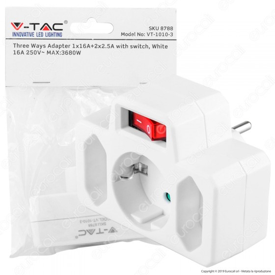 V-Tac VT-1010 Multipresa Adattatore Triplo Colore Bianco con Interruttore Luminoso - SKU 8788 V-Tac VT-1010 Multipresa Adattatore Triplo Colore Bianco con Interruttore Luminoso - SKU 8788